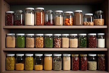 Scene A pantry with shelves stocked with healthy grains, beans, and canned goods. Medium Still image. Style Organized. Mood - obrazy, fototapety, plakaty