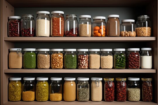 Scene A pantry with shelves stocked with healthy grains, beans, and canned goods. Medium Still image. Style Organized. Mood