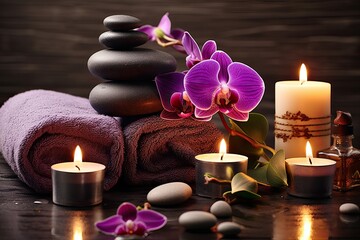Obraz na płótnie Canvas Beauty treatment and wellness background with massage stone, orchid flowers, towels and burning candles, high