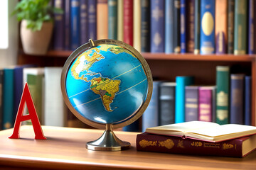 Tabletop globe stands on the table on background of books