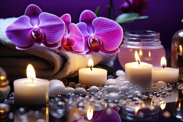 Obraz na płótnie Canvas Beauty treatment and wellness background with massage stone, orchid flowers, towels and burning candles, high