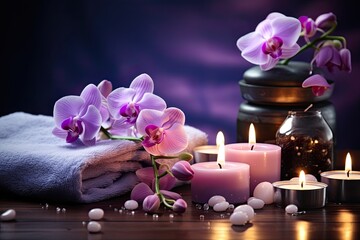 Beauty treatment and wellness background with massage stone, orchid flowers, towels and burning candles, high