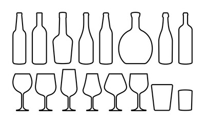 Set of linear alcohol bottles and glasses vector icons. Line black silhouette with wine, cognac, champagne, beer bottle and glass. Alcohol collection.