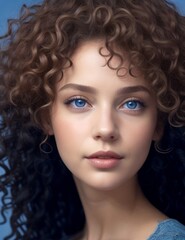 Fototapeta premium Enchanting Portrait: AI-Generated Woman with Curly Hair and Blue Eyes