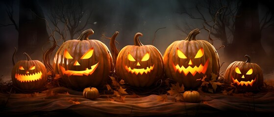 halloween pumpkins jack-o-lanterns in a dark indoor setting