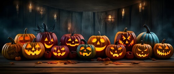 halloween pumpkins jack-o-lanterns in a dark indoor setting