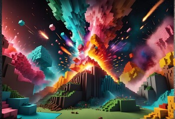 Exploding Minecraft colorful cubes paint and splashes. Explosive colorful blocks. Mind-blowing Minecraft textures and cubes. Exploding cubes. Minecraft world. 