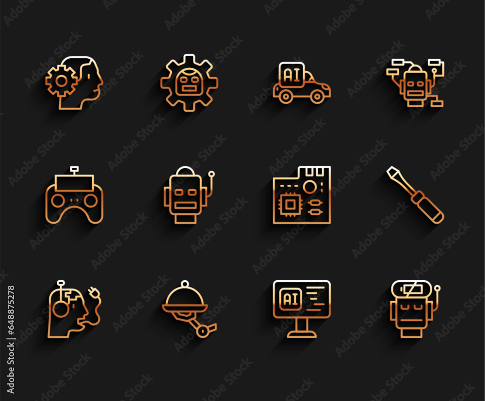 Poster Set line Robot charging battery, Waiter robot, Humanoid, Software, low charge, Screwdriver and Motherboard digital chip icon. Vector