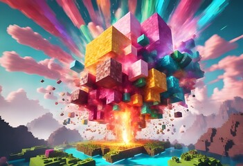 Obraz na płótnie Canvas Exploding Minecraft colorful cubes paint and splashes. Explosive colorful blocks. Mind-blowing Minecraft textures and cubes. Exploding cubes. Minecraft world. 