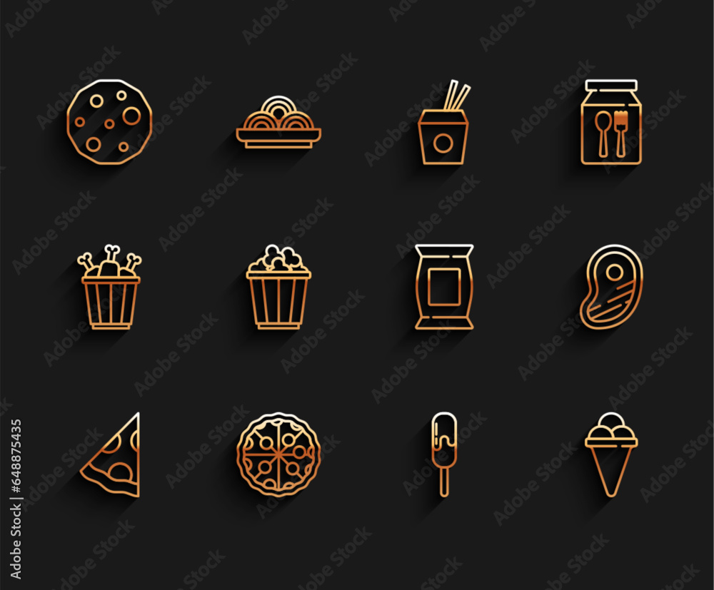 Sticker Set line Slice of pizza, Pizza, Cookie or biscuit, Ice cream, in waffle cone, Popcorn box, Steak meat and Bag packet potato chips icon. Vector