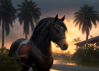 Black Arabian horse with beautiful sunset, black arabian horse, horse, arabian, black, animal, stallion, nature, equestrian, farm, mammal, equine, mane, mare, head, purebred, wild, freedom, white