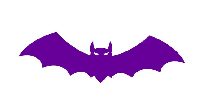 Animated violet bat flies. Looped video. Concept of Halloween, Black Friday. Vector illustration isolated on a white background.
