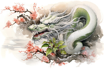 Image of dragon with pink cherry blossoms in ancient chinese style. Wildlife Animals. Nature. Illustration, Generative AI.