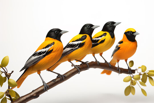 Image of group of oriolidae or old world orioles on a branch on a white background. Birds. Animals. Illustration, Generative AI.