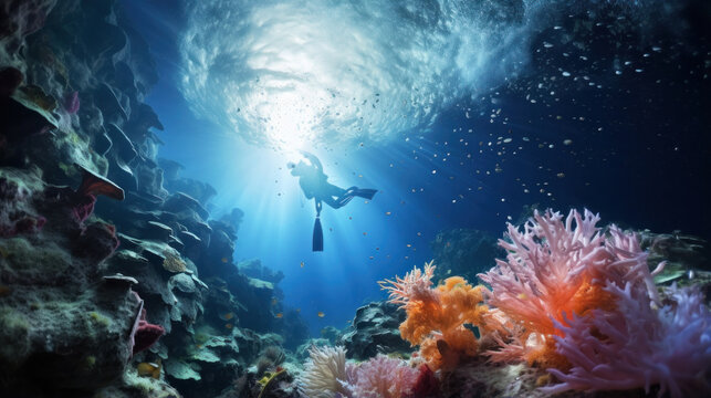 Vibrant Underwater Marine Life in a Colorful Coral Reef Ecosystem, Teeming with Exotic Fish and Aquatic Wonders