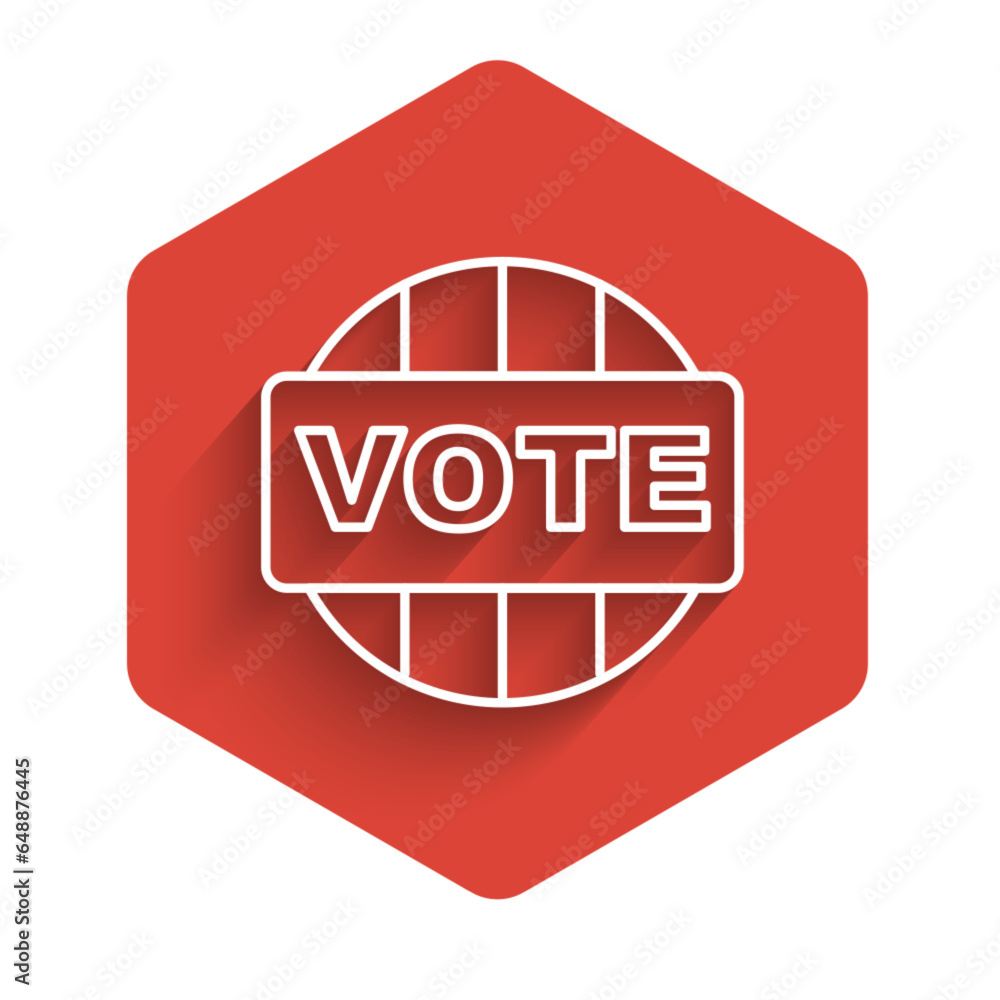 Poster white line vote icon isolated with long shadow background. red hexagon button. vector