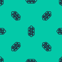 Blue line Hotdog sandwich icon isolated seamless pattern on green background. Sausage icon. Fast food sign. Vector