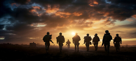 A group of military men move beyond the horizon at sunset. - obrazy, fototapety, plakaty