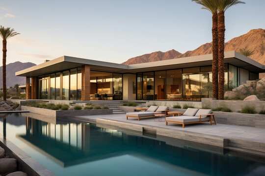 Villa contemporaine dans le d&eacute;sert californien, piscine, palmiers, luxe