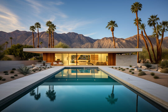 Villa contemporaine dans le d&eacute;sert californien, piscine, palmiers, luxe