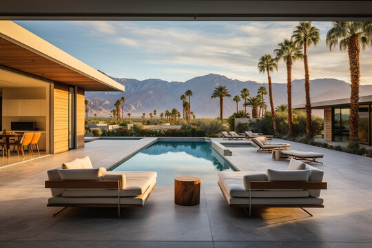 Villa contemporaine dans le d&eacute;sert californien, piscine, palmiers, luxe