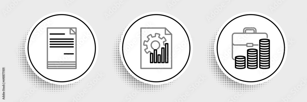 Poster set line briefcase and coin, document and with graph chart icon. vector