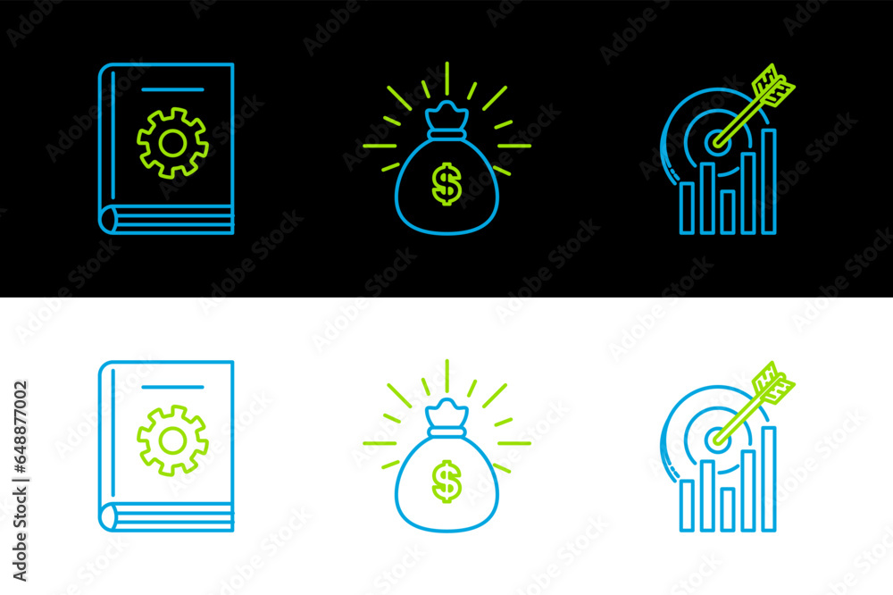 Poster set line target with graph chart, user manual and money bag icon. vector