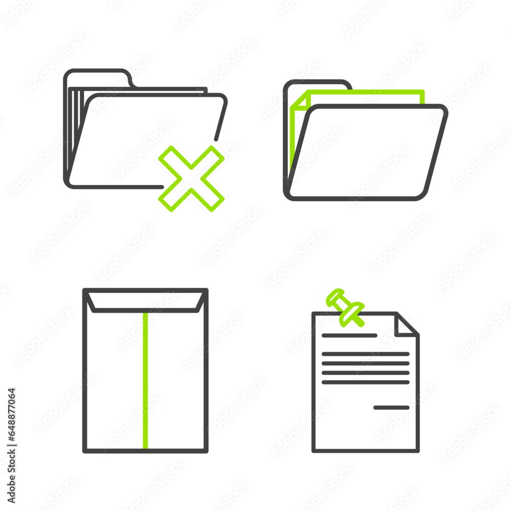 Poster set line note paper with pinned pushbutton, envelope, document folder and delete icon. vector