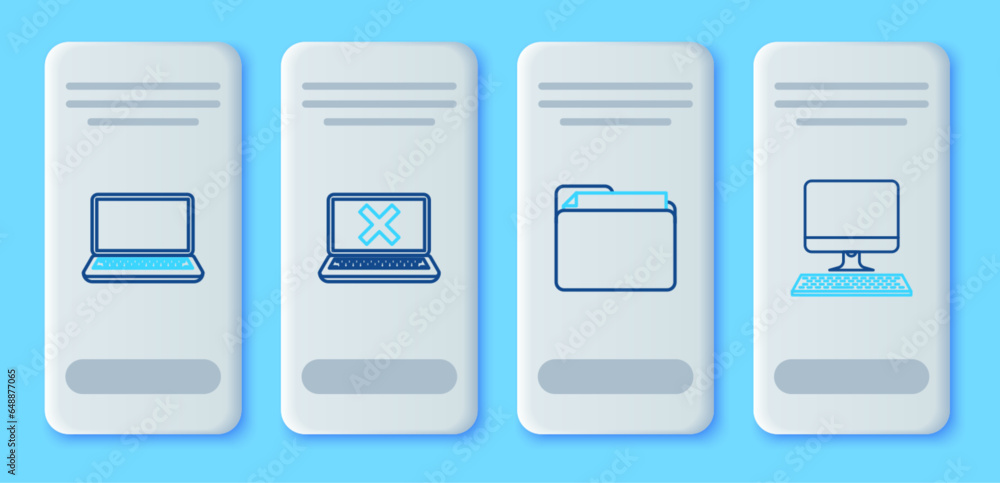 Poster set line laptop and cross mark on screen, document folder, and computer monitor with keyboard icon. 
