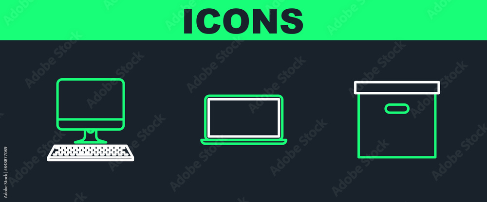 Aufkleber set line carton cardboard box, computer monitor with keyboard and laptop icon. vector