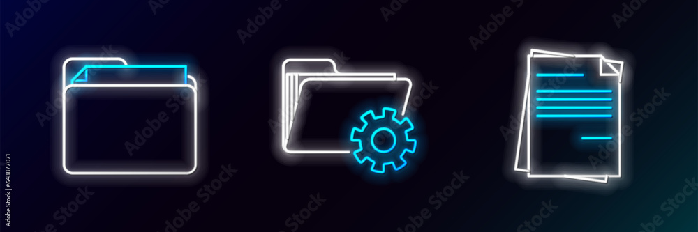 Poster set line file document, document folder and folder settings with gears icon. glowing neon. vector