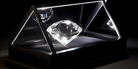 large gleaming diamond in a black velvet display case generative AI