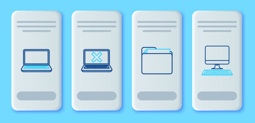 Set line Laptop and cross mark on screen, Document folder, and Computer monitor with keyboard icon. Vector