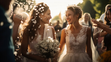 Wedding of two girls. Brides. Sunset lighting.