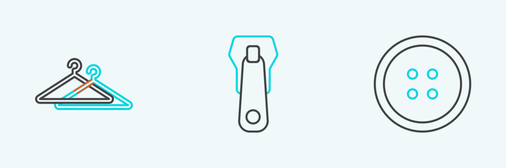 Set line Sewing button for clothes, Hanger wardrobe and Zipper icon. Vector