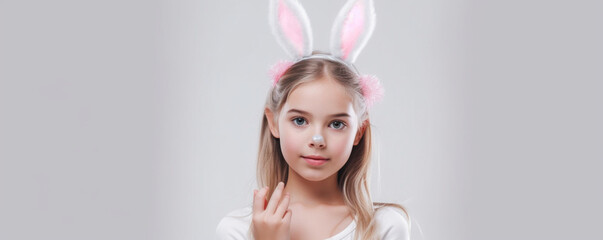 Obraz na płótnie Canvas Beautiful caucasian girl with a smile on her face with a trendy easter bunny headband moving ears