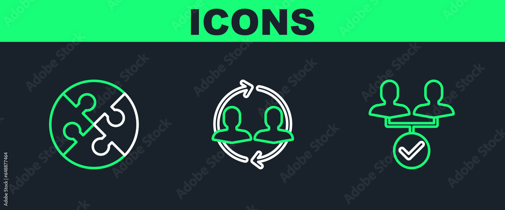 Poster set line project team base, piece of puzzle and human resources icon. vector