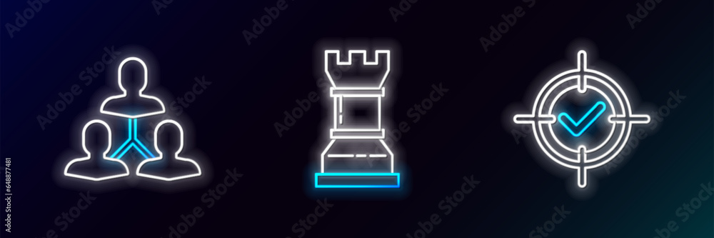 Poster set line target and check mark, project team base and business strategy icon. glowing neon. vector
