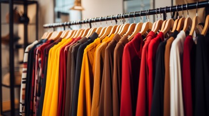 Colourful clothes on hangers in a modern boutique, Generative AI