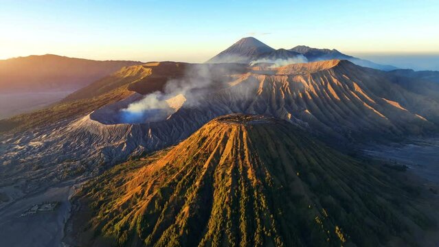 Aerial view of Mount Bromo volcano (Gunung Bromo) during sunrise in Bromo Tengger Semeru National Park, East Java, Indonesia.