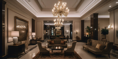 luxurious and elegant hotel lobby with sophisticated deco generative AI - obrazy, fototapety, plakaty
