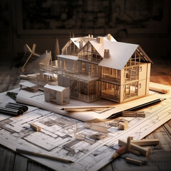 la maquette d'une maison en bois sur une table à dessin et un plan de construction. Concept d'architecte et de la construction - IA Generative - obrazy, fototapety, plakaty