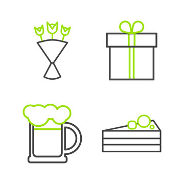 Set line Cake, Wooden beer mug, Gift box and Bouquet of flowers icon. Vector