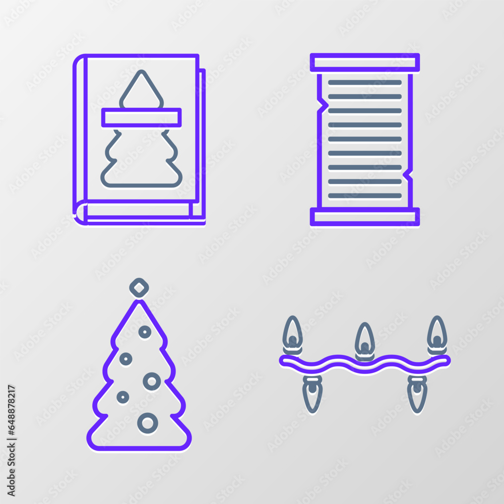 Wall mural set line christmas lights, tree with decorations, wish list template and book icon. vector