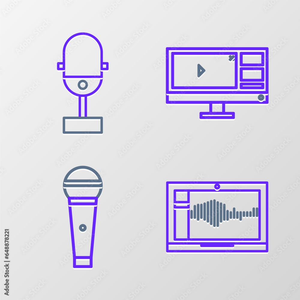 Poster set line sound or audio recorder on laptop, microphone, video editor software monitor and icon. vect