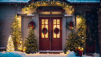 Obraz premium Entrance doors of the house, with decorations, Christmas tree, exterior