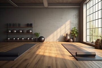 Modern yoga gym interior with unrolled yoga mats equipment, Sports gym exercises, Healthy lifestyle - obrazy, fototapety, plakaty