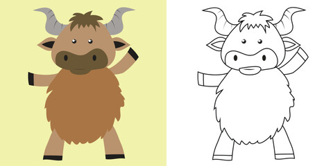 Obraz premium Colouring the animals. Coloring a cute cartoon yak. Simple colouring page for kids. Fun activity for kids. Educational printable coloring worksheet. Vector illustration. 