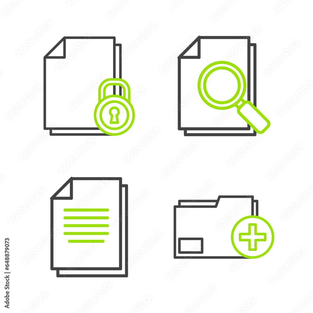 Poster set line add new folder, document, with search and and lock icon. vector