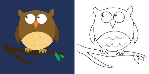 Colouring the animals. Coloring a cute cartoon owl. Simple colouring page for kids. Fun activity for kids. Educational printable coloring worksheet. Vector illustration. 